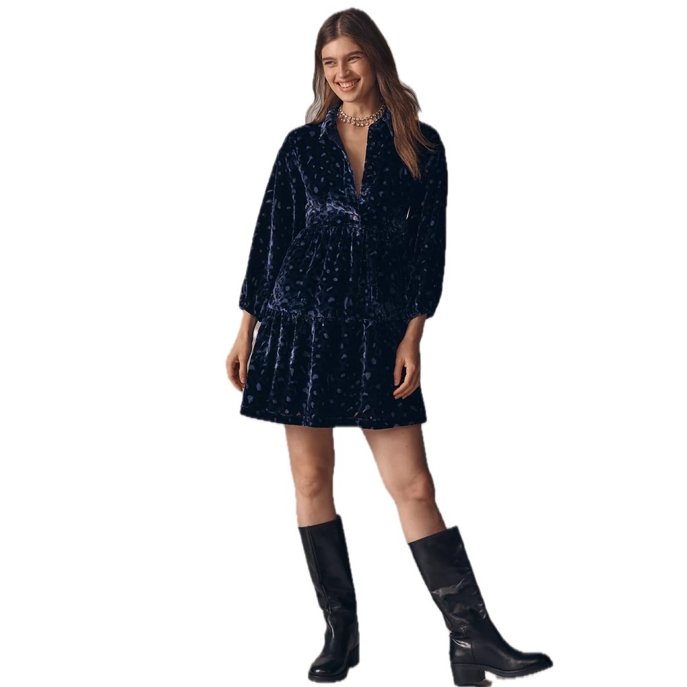 The Bettina Velvet Tiered Mini Shirt Dress by Maeve Leopard Burnout